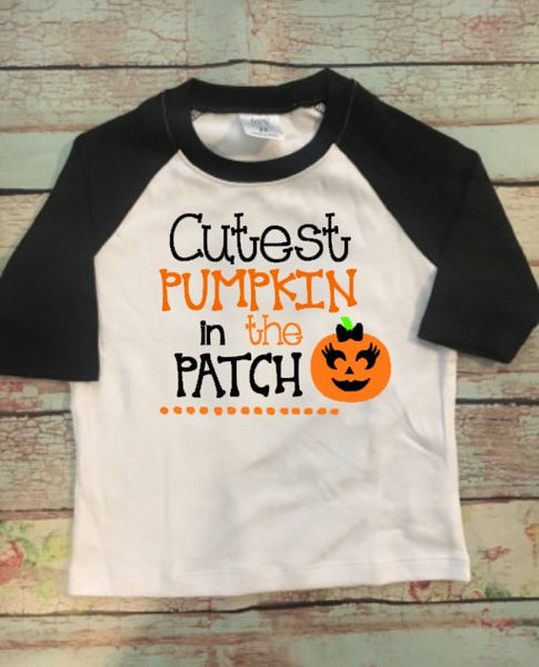 Cutest Pumpkin In The Patch Shirt, Halloween Girls Shirt, Pumpkin Patch Shirt, Fall T shirt for Girls, Pumpkin Raglan Shirt