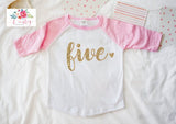 Birthday Girl Shirt, 5th Bday Shirt, FIVE shirt for girls, Raglan Birthday Shirt for Her, Fifth Birthday Shirt