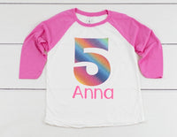 RAINBOW BIRTHDAY Birthday Girl Shirt, 5th Bday Shirt, FIVE shirt for girls, Raglan Birthday Shirt for Her, Fifth Birthday Shirt