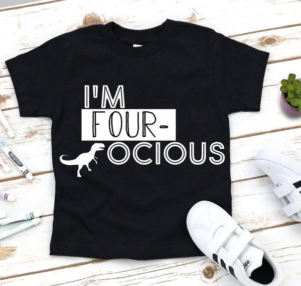 I'm FOUR-OCIOUS Birthday DINOSAUR shirt. Boys Birthday shirt, Dinosaur Birthday, Fourth Birthday, T-Rex Birthday Shirt