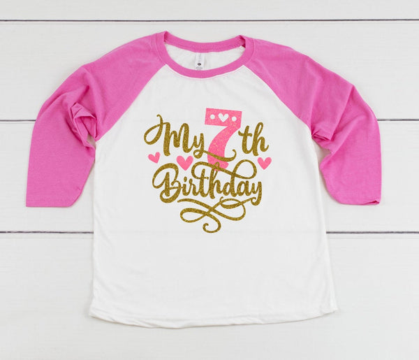 Birthday Girl Shirt, 7th Bday Shirt, SEVEN shirt for girls, Raglan Birthday Shirt for Her, Seventh Birthday Shirt