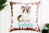 Kitty Pillow, Personalized Kitten Pillow, Sequin Pillow, Ragdoll Kitty, Girls Birthday Kitten