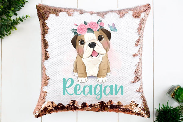 Puppy Pillow, Personalized Puppy Pillow, Sequin Pillow, English Bulldog Puppy, Girls Birthday Puppy