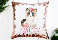 Kitty Pillow, Personalized Kitten Pillow, Sequin Pillow, Ragdoll Kitty, Girls Birthday Kitten