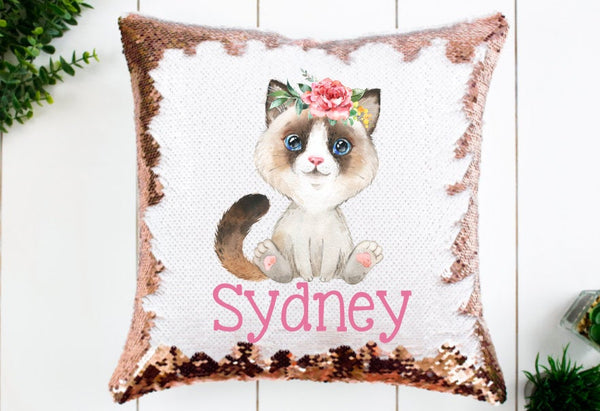 Kitty Pillow, Personalized Kitten Pillow, Sequin Pillow, Ragdoll Kitty, Girls Birthday Kitten